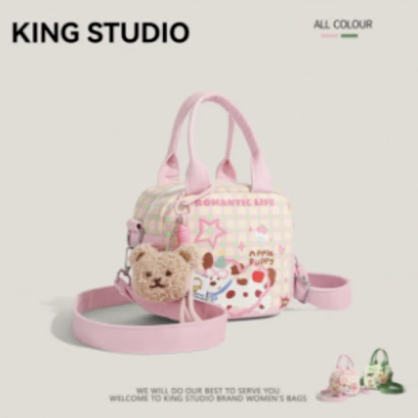 手提格子方盒包包女2025新款潮时尚韩版帆布包卡通单肩斜挎包