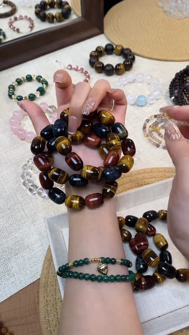 合金手链水晶《斑斓丛林》闪电纹彩虎眼石素圈手串13*18mm多样性一