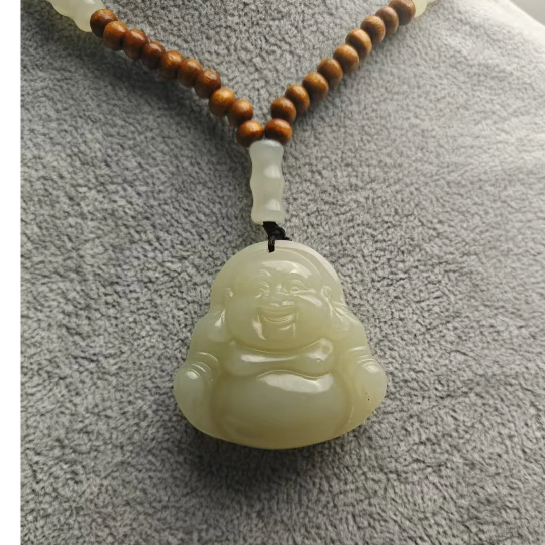 Y043天然玉石黄白老玉双面佛公吊坠