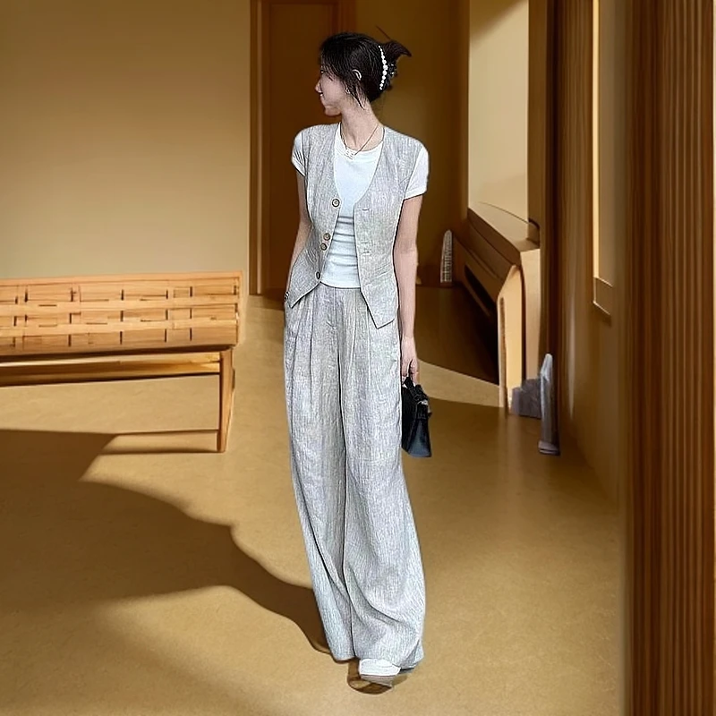 夏装搭配一整套时尚干练女小香风灰色马甲气质女装阔腿裤两件套装