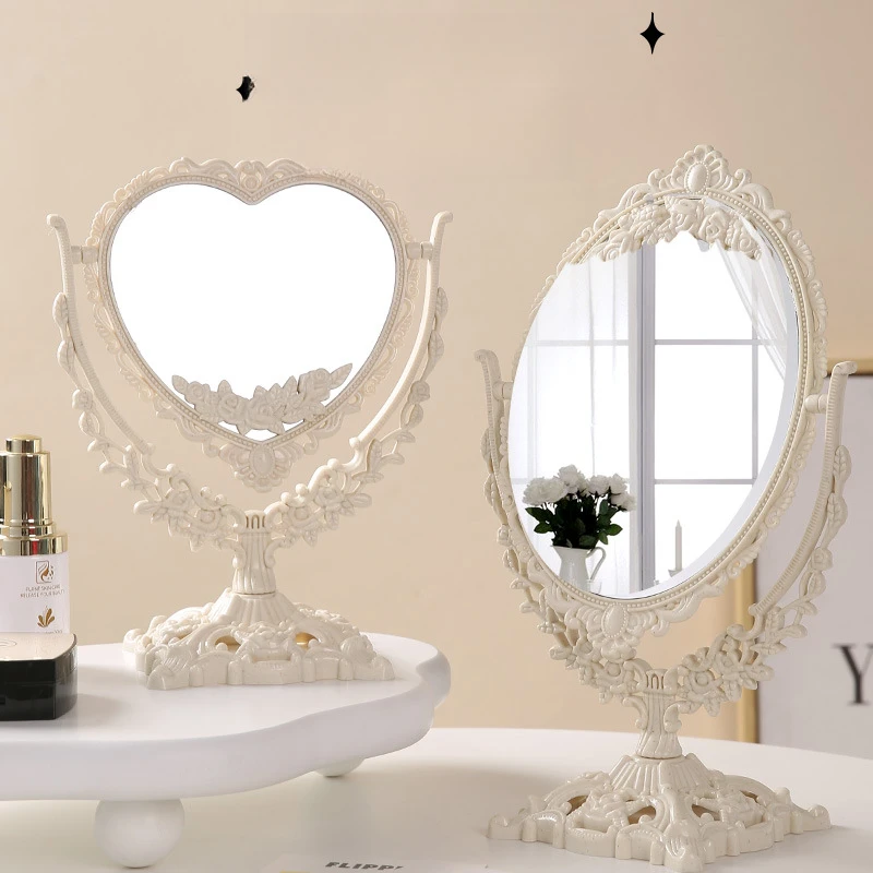 梳妆镜浮雕爱心简约台镜摆台式欧式高清房间化妆镜ins双面韩宿舍