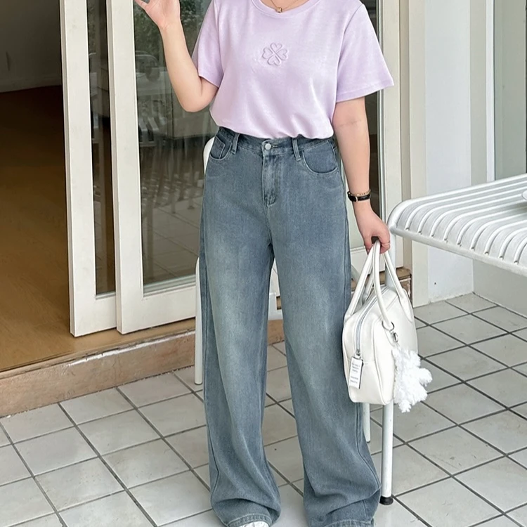 薇薇大码200斤M春季新款高腰宽松显瘦窄版百搭休闲阔腿牛仔裤