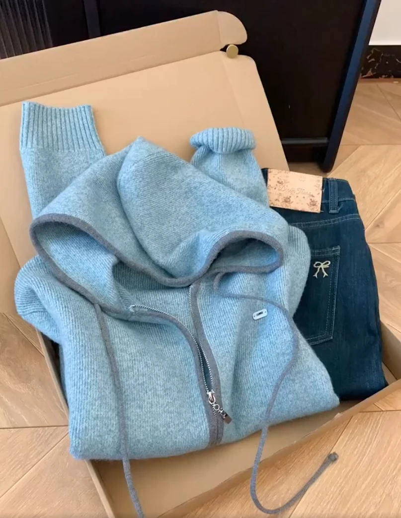 【现货】2025新款秋季设计感韩系蓝色连帽双拉链针织开衫女上衣