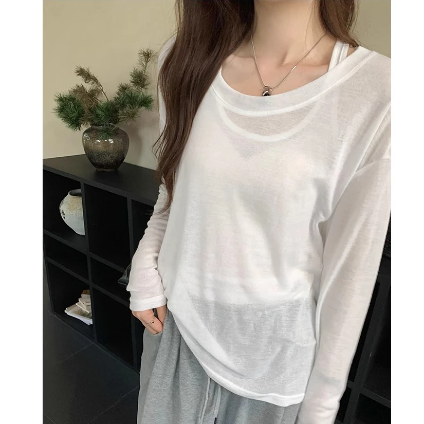 慵懒松弛感夏季薄款无袖背心长袖T恤两件套秋季气质纯色防晒罩衫