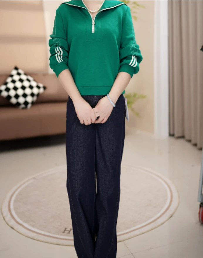 S033 时尚减龄简约妈妈绿色外套女春秋气质宽松中长款通勤卫衣