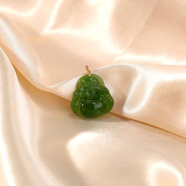 约20*20mm和田玉碧玉佛公镶嵌18K金扣头吊坠