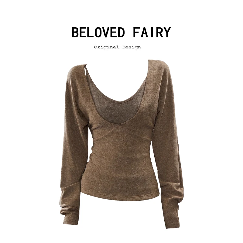 美拉德辣妹V领吊带两件套针织衫女秋冬气质叠穿修身显瘦上衣套装