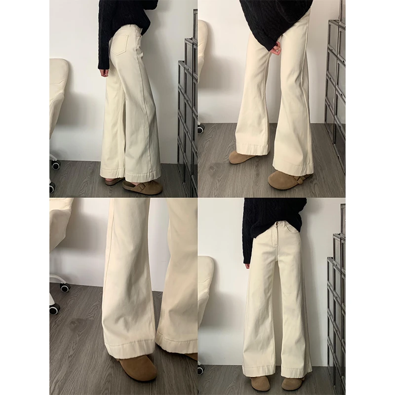 米白加绒不贴腿微喇牛仔裤女2025秋冬爆款高腰宽松显瘦拖地马蹄裤