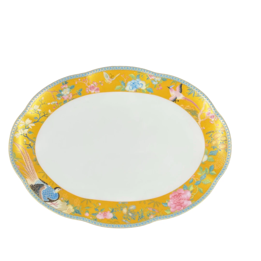 【奇居铜饰】骨瓷百鸟和鸣12寸鱼盘仿金色轻奢高档盘#F9508C-13E-3