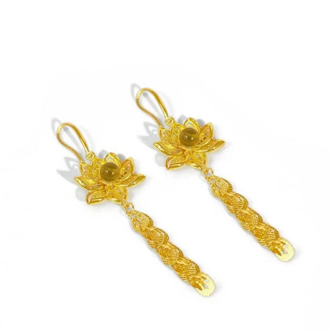 [喜喜]古风优雅圆珠琥珀(蓝珀)合金莲花凤尾形 镶嵌耳饰[ZRS17]