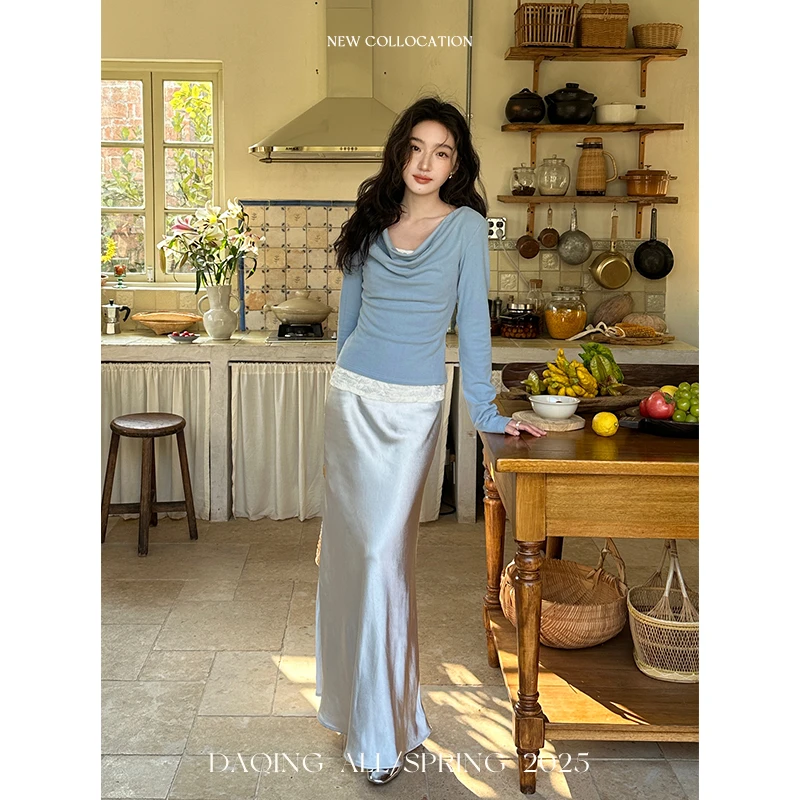 许大晴【浮光】法式高级感缎面松紧腰鱼尾半身裙D7389