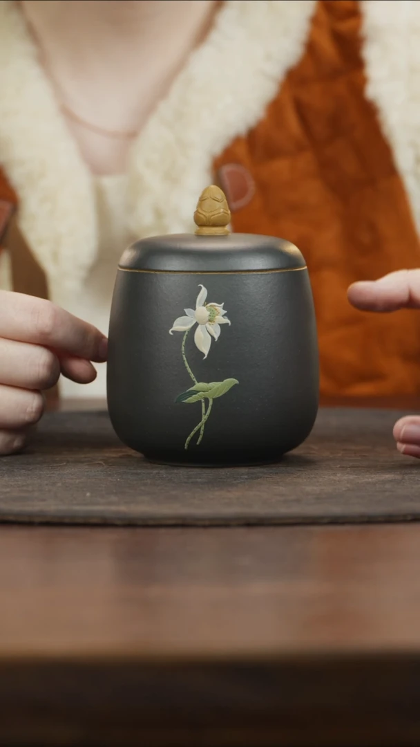 【闪购商品】紫砂茶叶罐小罐荷花钮天青泥泥绘荷花