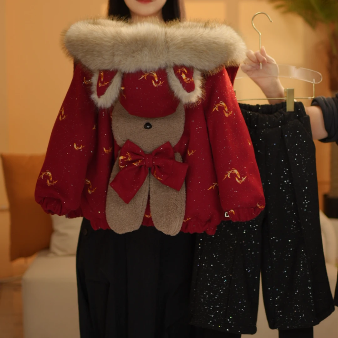 女童组合冬季2026年新年拜年服连帽加厚加绒外套DWT25303