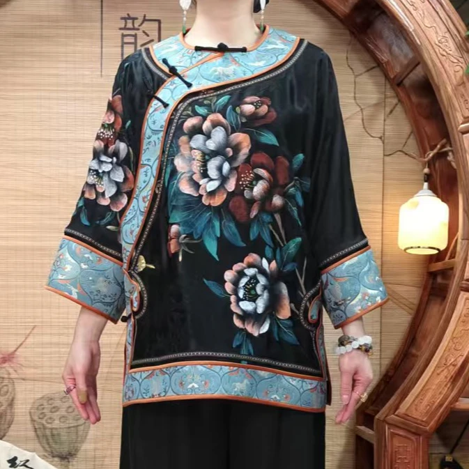 50姆米重缎墨池手绘贴边宋锦牡丹花开太太服香云纱100桑蚕丝中式