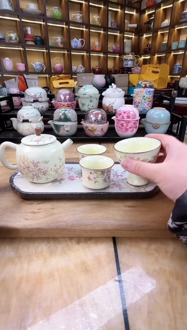 【闪购商品】桃花小壶1壶2竹节杯1高脚杯加长方桃花盘