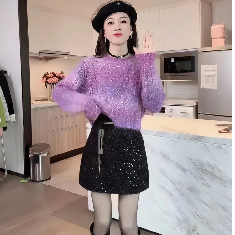 深秋装搭配一整套今年流行漂亮小个子慵懒风圆领毛衣裙子两件套装