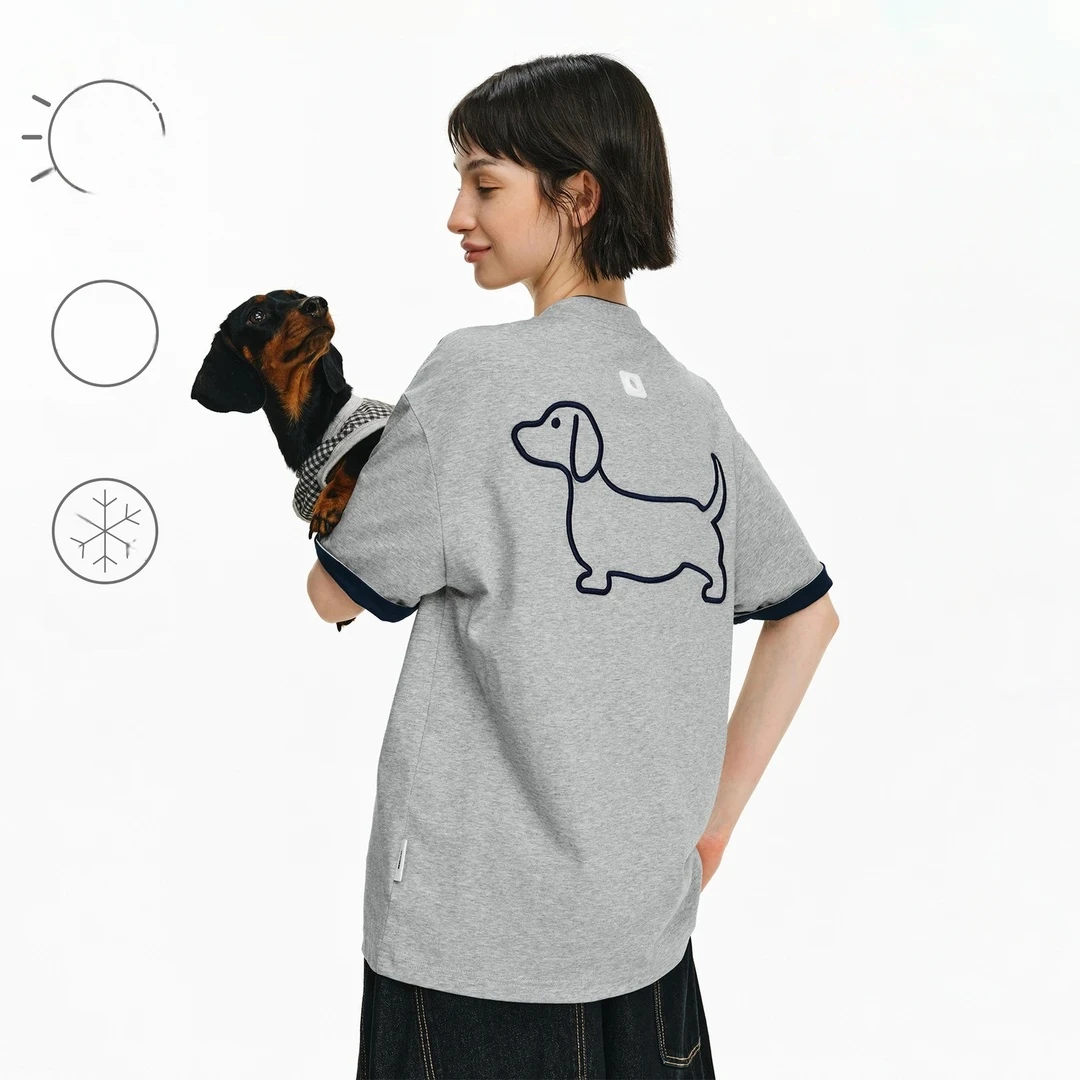 PCLP小狗撞色领短袖潮流美式欧若风复古情侣圆领夏季宽松t恤上衣