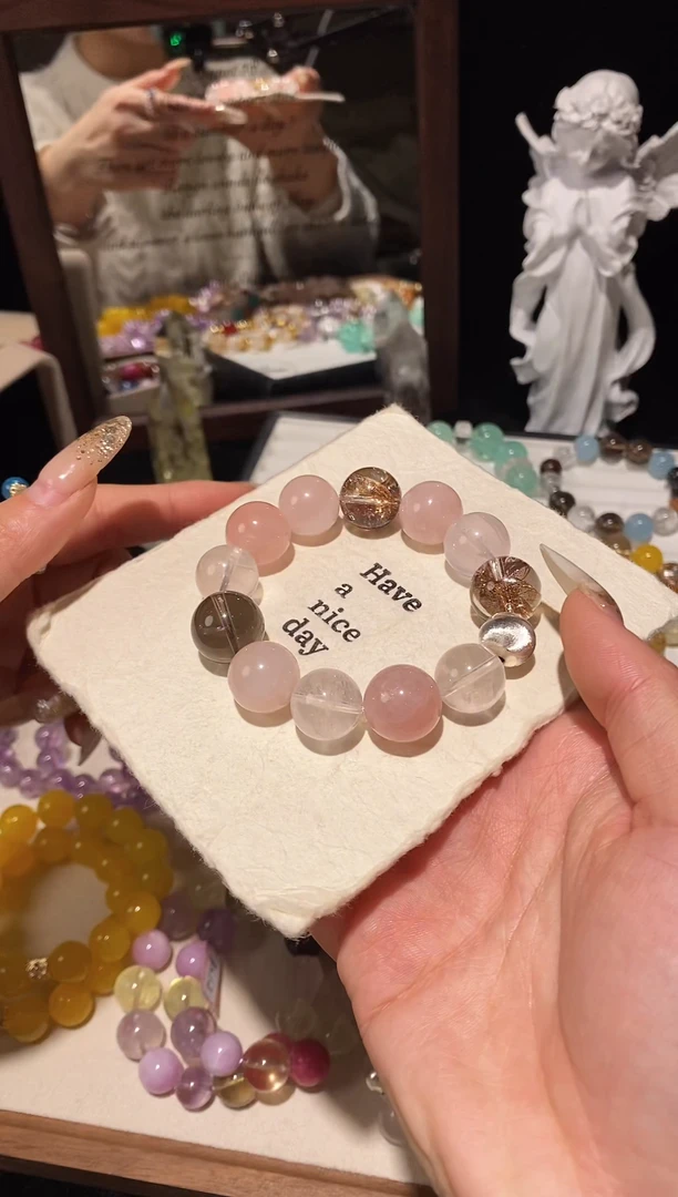 未镶嵌手链水晶粉水晶+金箔+白水晶手链