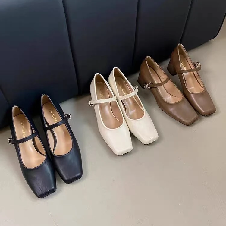 VEEFSHOW 76-3 粗跟玛丽珍鞋法式方头浅口单鞋简约平跟欧美休闲风