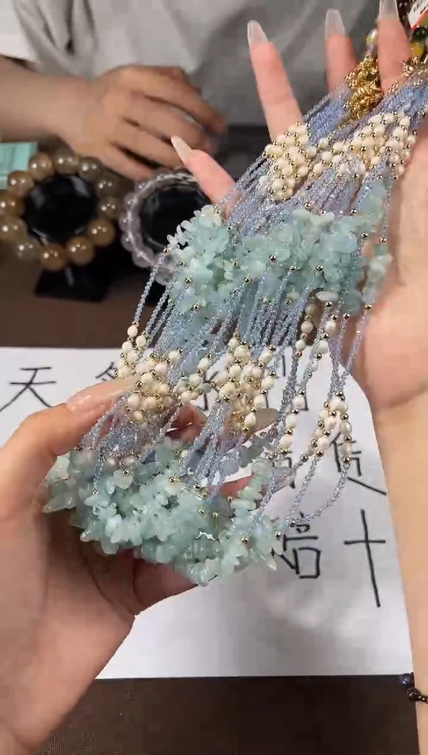 海蓝宝石项链未镶嵌海蓝宝碎石珠珠项链