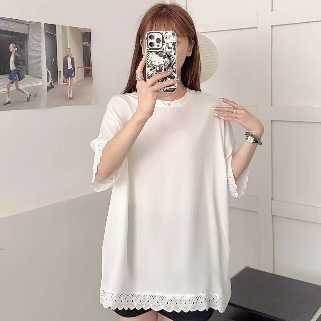 范范家【斜纹人造棉】韩版蕾丝拼接慵懒显瘦棉绸T恤5111