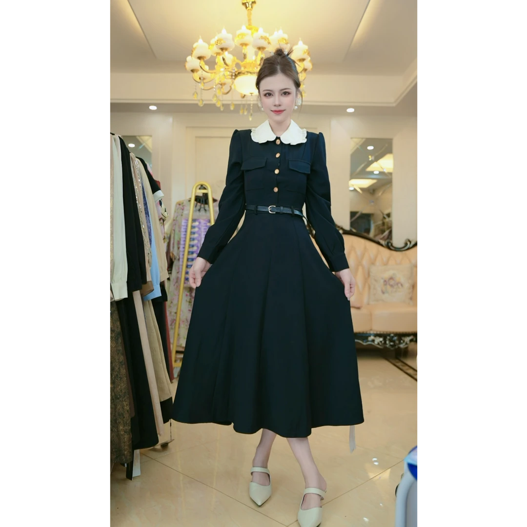 （现货）高级感秋冬季新款黑色长袖连衣裙收腰显瘦气407