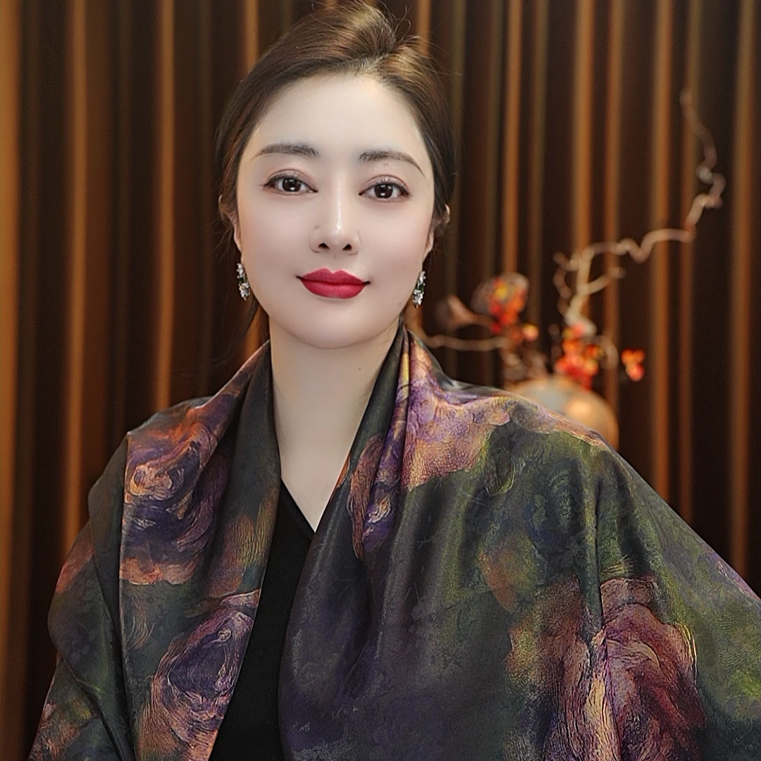 【暗香】140*140油丝大方巾围巾女士丝巾百搭双面戴国风复古新款