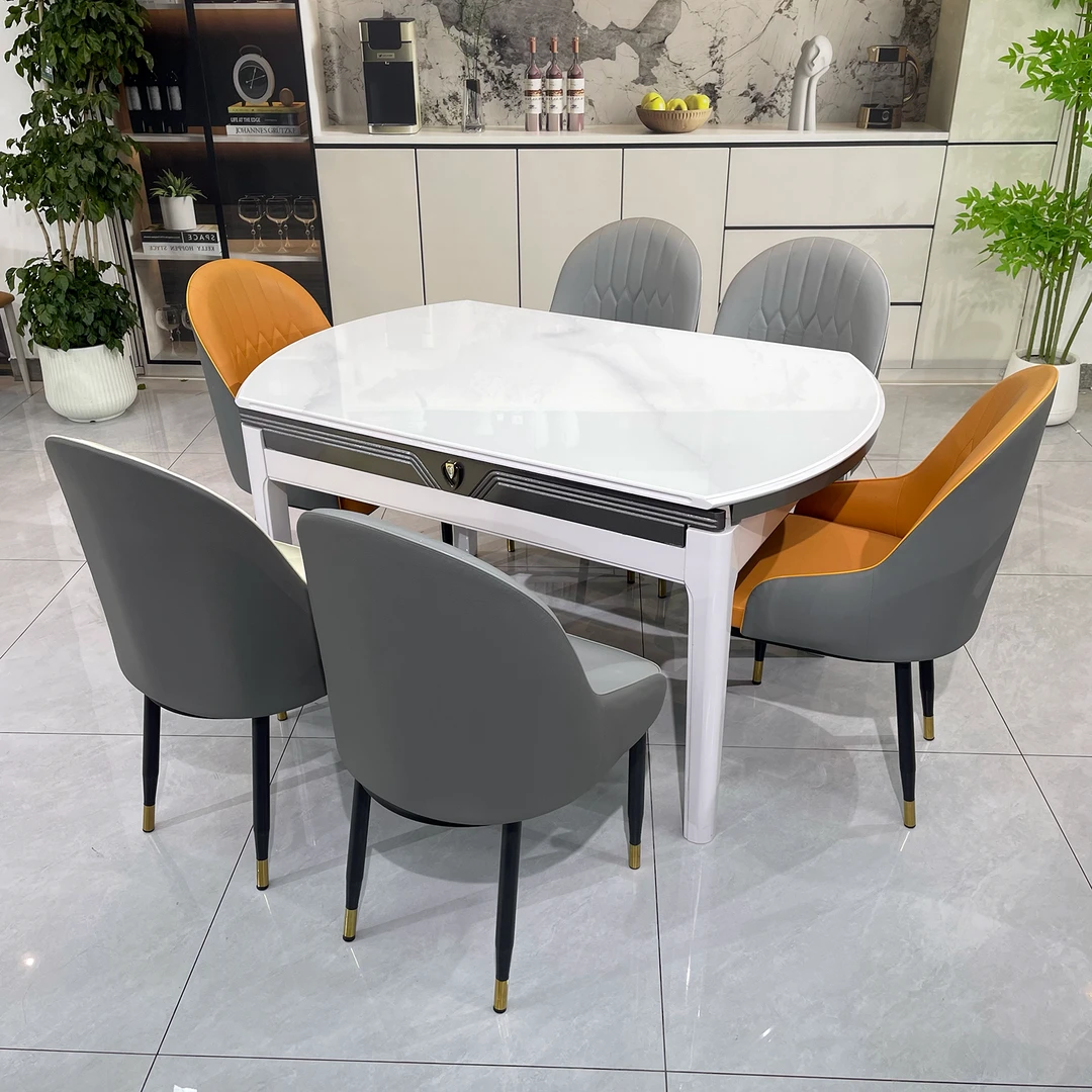 2025年新款玉晶石可伸缩钢轨饭桌方圆两用餐桌小户型家用餐桌