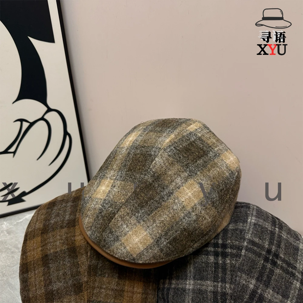 [寻语]秋冬前进帽复古格纹港风文艺反派贝雷帽简约百搭毛呢画家帽