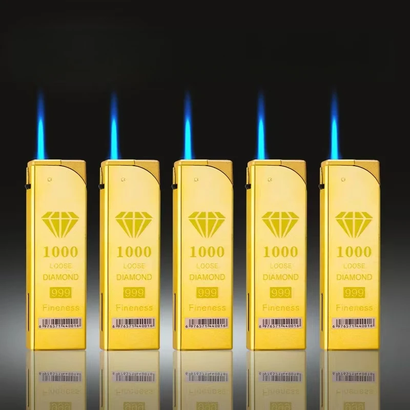 超薄镜面土豪金铁盒直冲蓝焰防风打火机金条双层加厚设计可充气