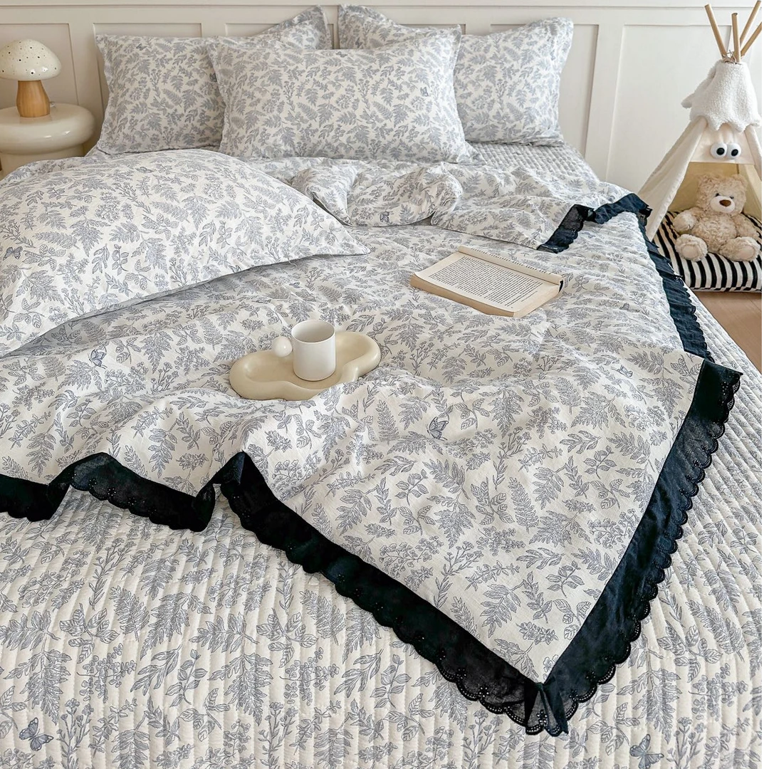 新款A类床盖夏被四件套花边针织双层纱公主风夏被可机洗水洗床品