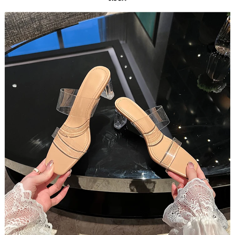 【白雪公主】水晶透明高跟鞋2025年春季新款时尚方头粗跟露趾凉鞋子