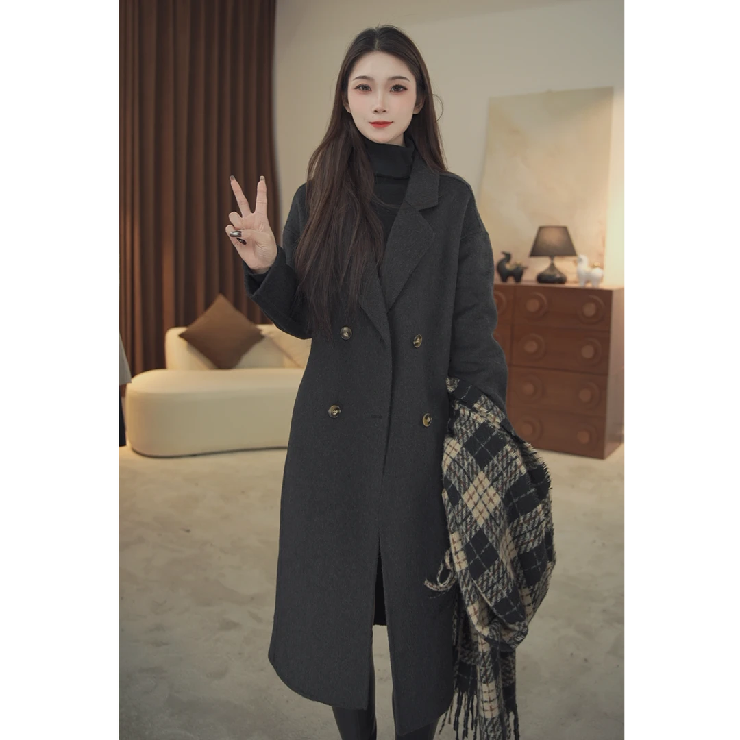 长款厚款秋冬气质显瘦羊毛大衣戗驳领韩系百搭毛呢外套双面呢休闲