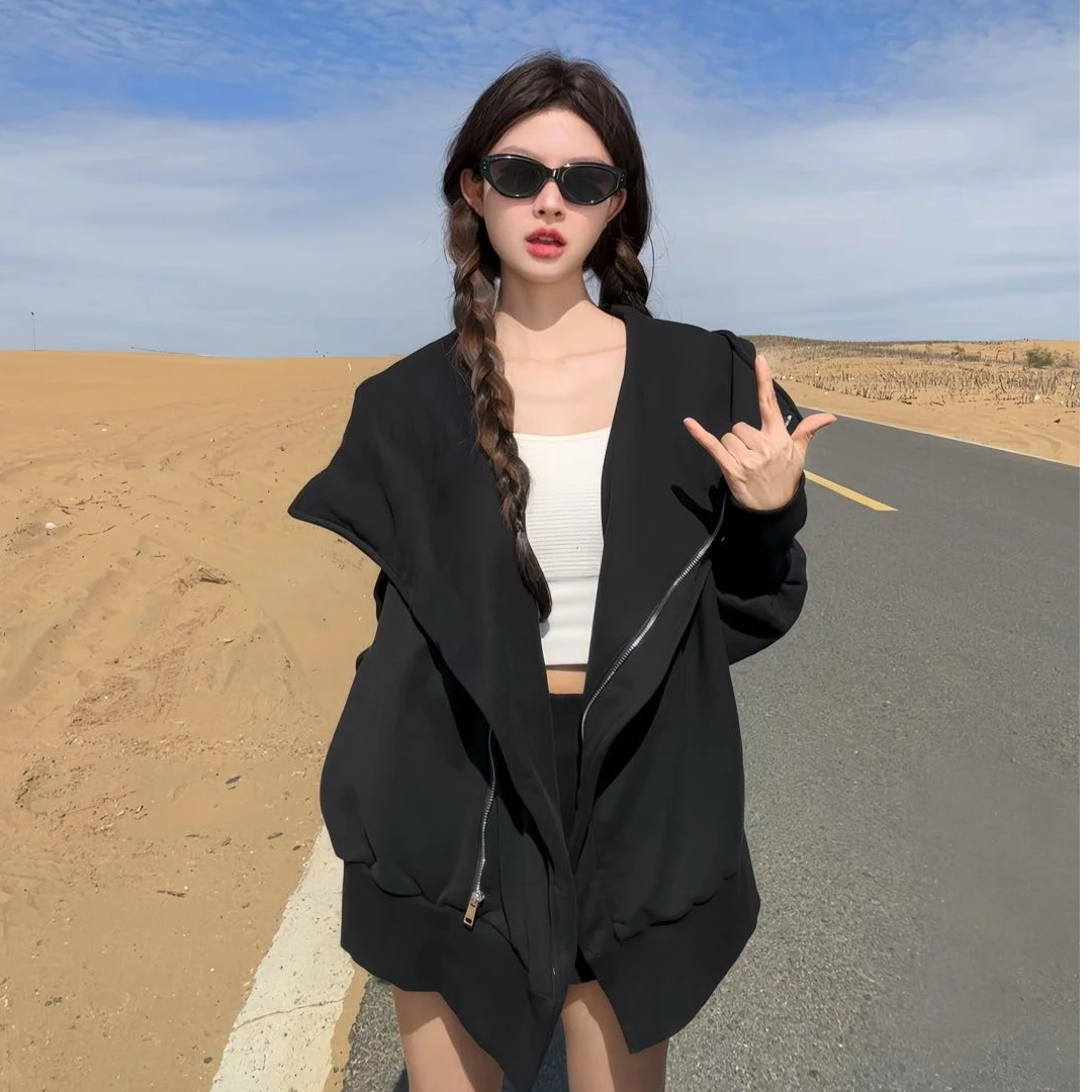 秋季新款设计感开衫卫衣外套百搭翻领拉链上衣气质显瘦时尚套装女