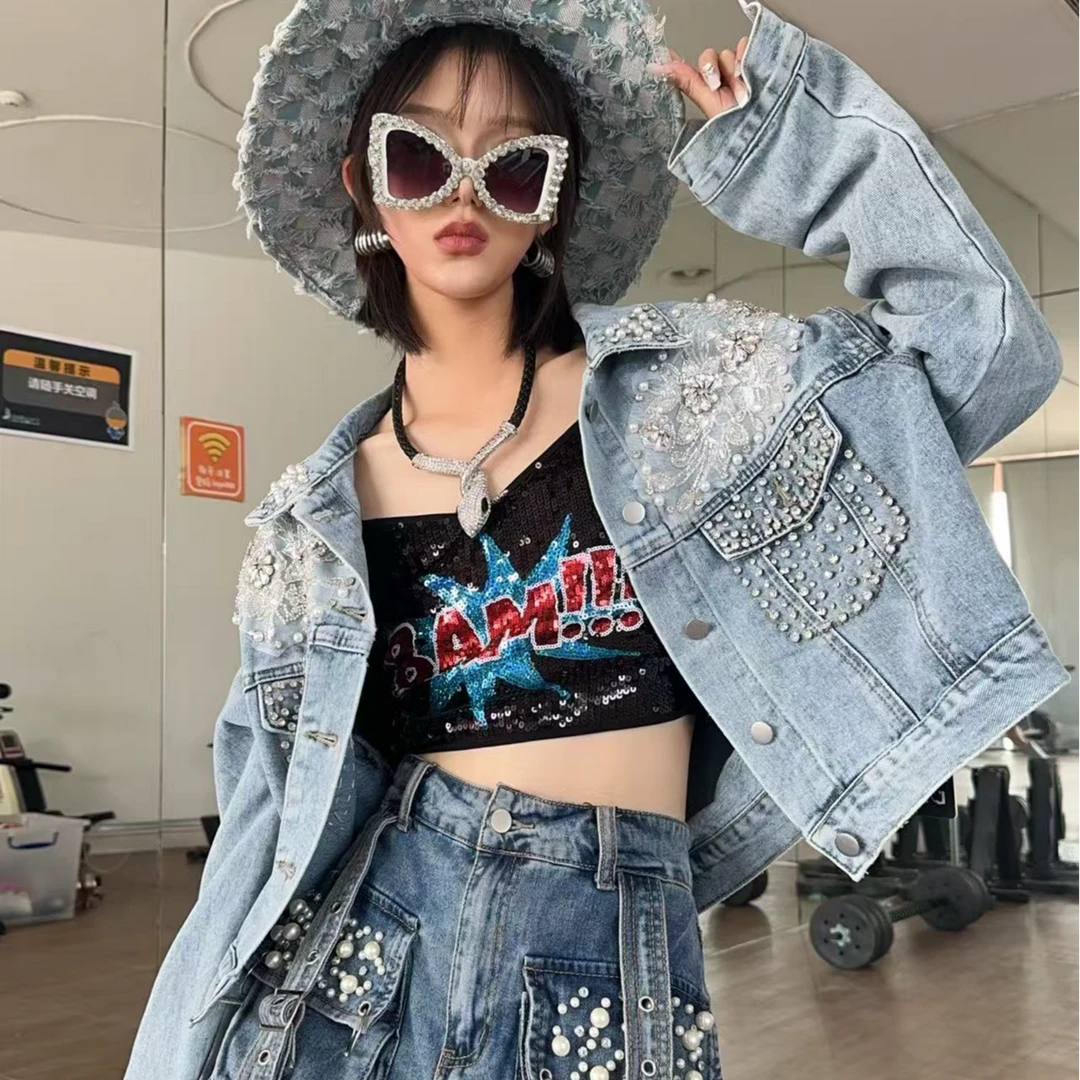 F00141 春夏短款时尚休闲百搭女士春季重工宽松蓝色潮流外套