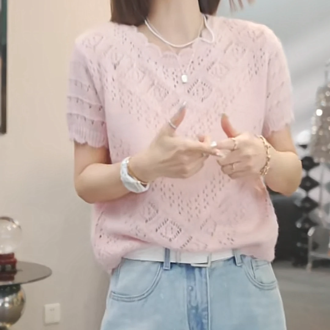 设计感镂空重工短袖毛衣女2025春季新款时尚气质纯色针织衫上衣
