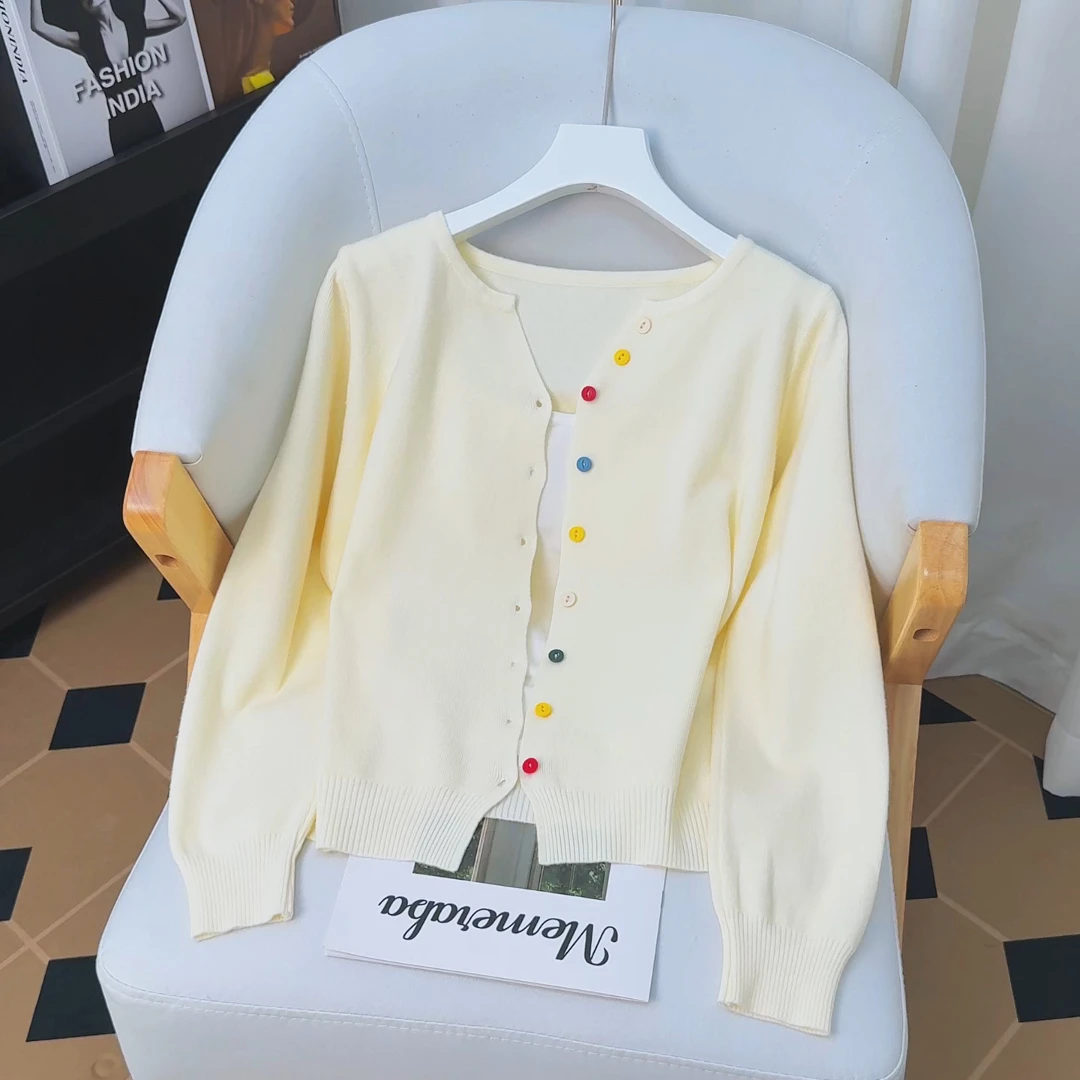 杏色多巴胺圆领凉感单排扣针织开衫女2025秋季宽松长袖上衣针织衫