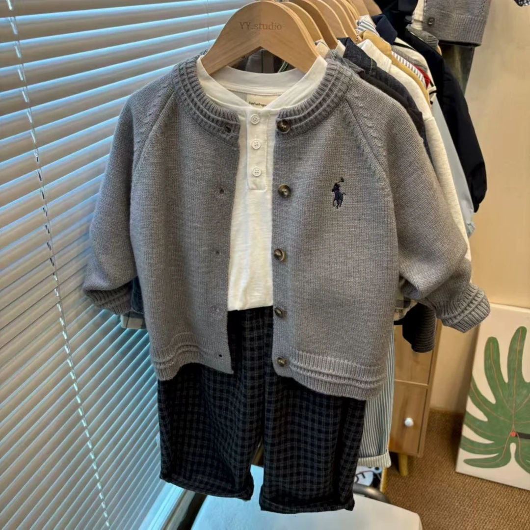 2025秋男童套装新款帅气时髦衣服针织毛衣打底衫呢子格子裤潮儿童