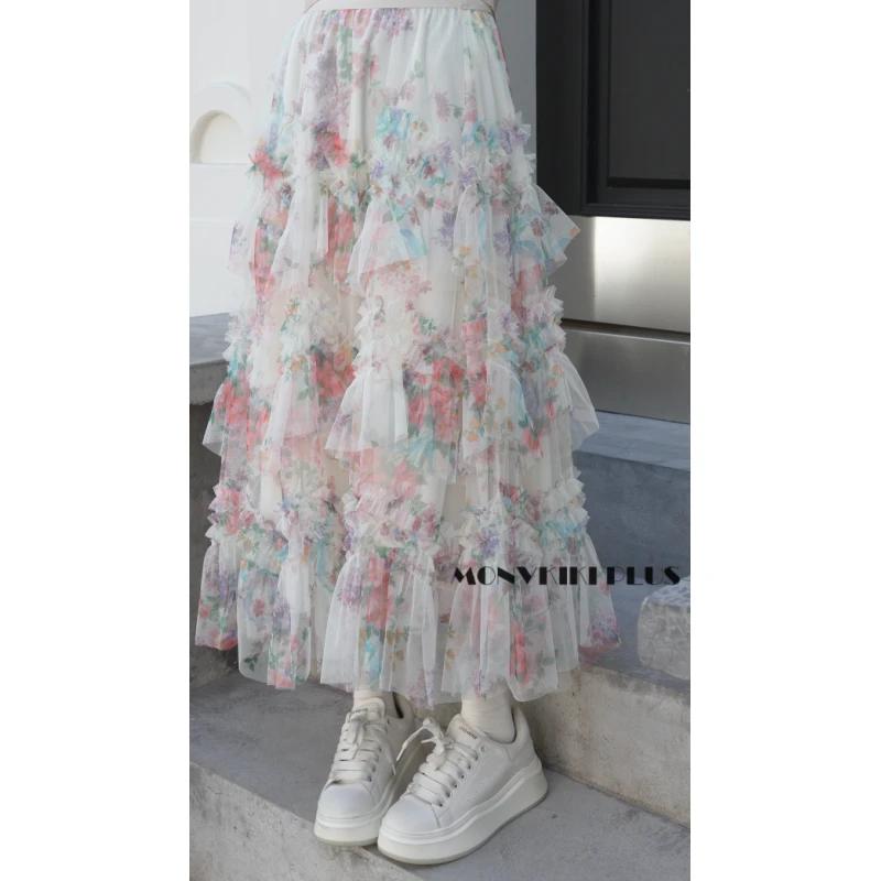 MoNvKiKiPlus“花海2”微胖大码小众蕾丝松紧半身裙#1207