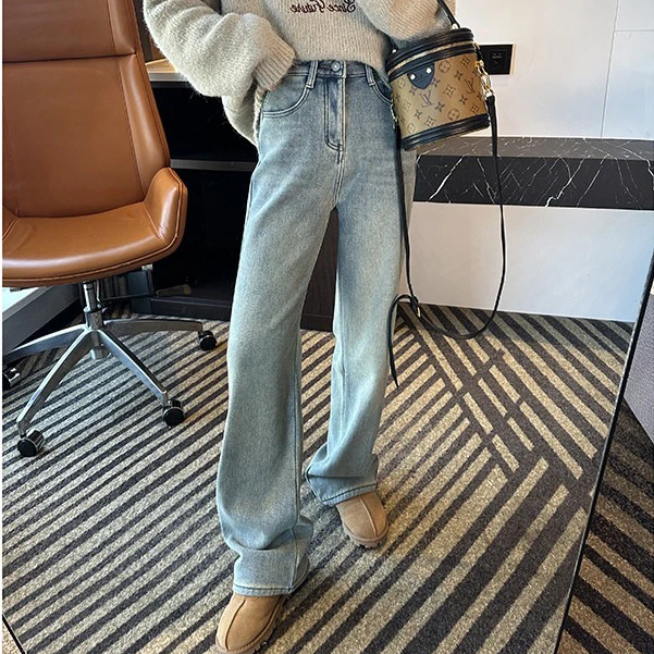 【长裤系列】本命裤 浅色加绒直筒 遮胯显瘦 复古高腰拖地牛仔裤
