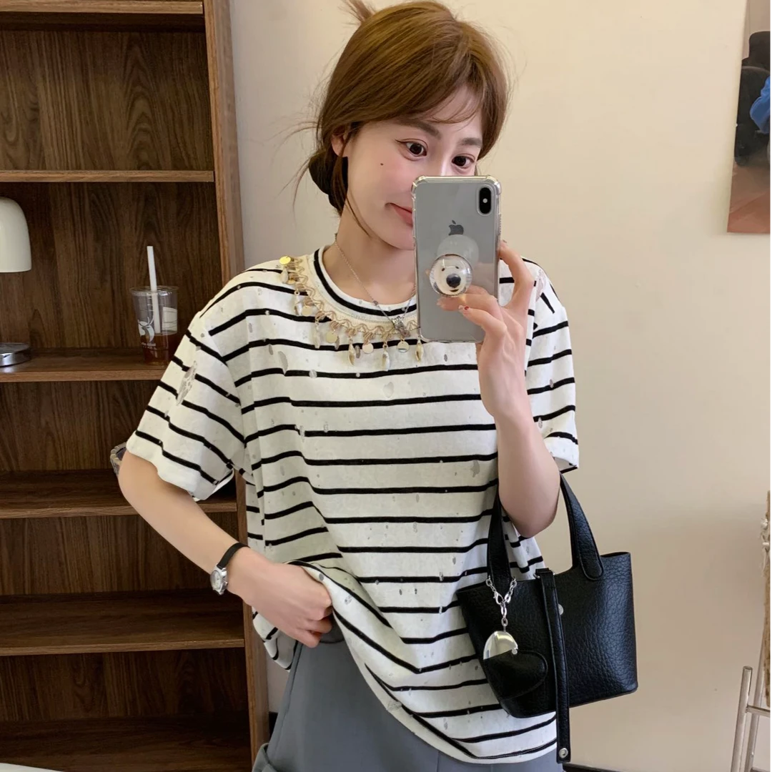 猫鼠熊精选SK家镂空蕾丝条纹圆领宽松小香风洋气夏季韩版百搭T恤