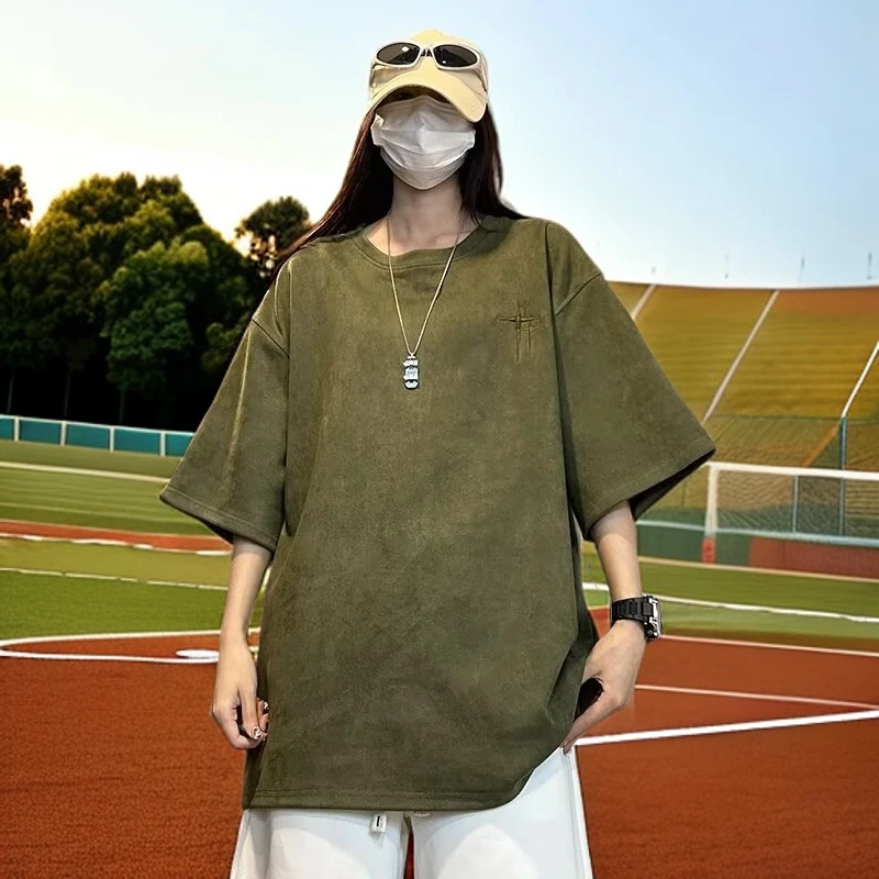 简约印花美式潮牌中性圆领T恤刺绣2025夏季痞帅宽松套头短袖上衣