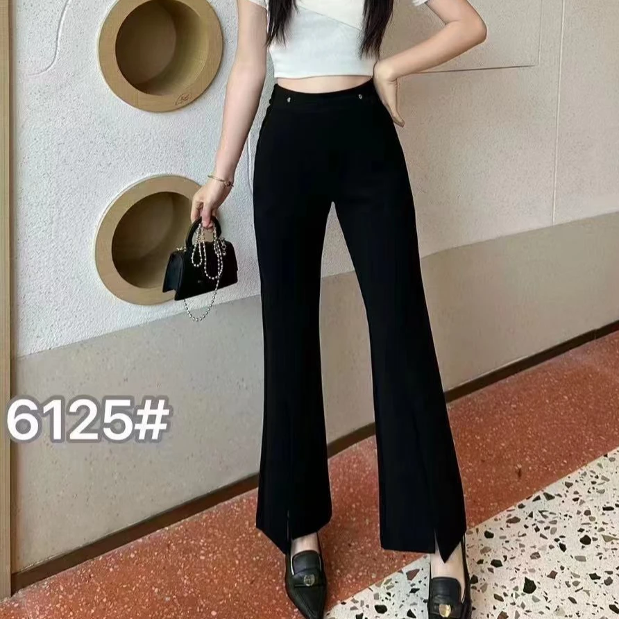 小鑫肝@松紧裤头装饰开叉不规则微喇休闲裤 6125