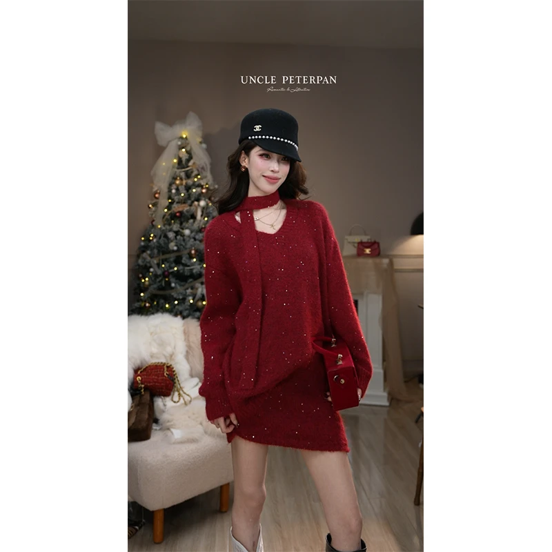 彼得潘大叔《炉边甜梦》桃心领圣诞少女感气质针织衫短款半裙套装