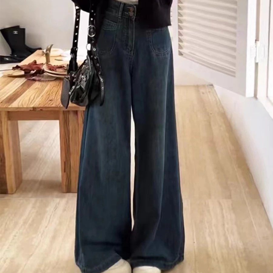 2025春季新款牛仔裤女港风复古高腰显瘦显腿长阔腿直筒拖地长裤子