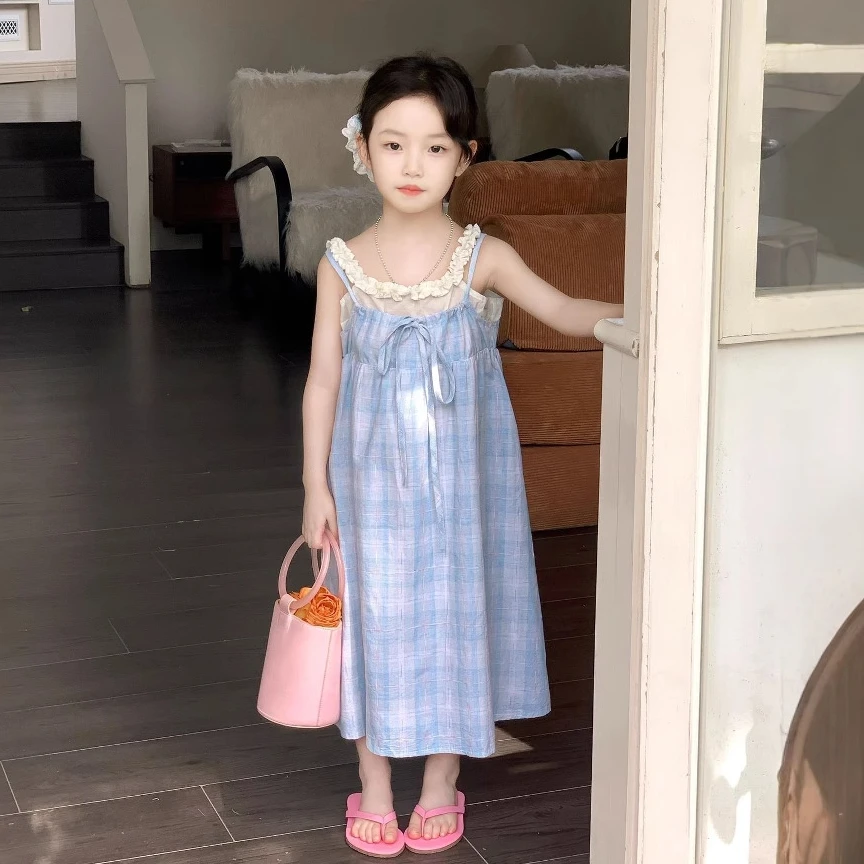 大橙子Studio女童夏韩版连衣裙海边度假沙滩冰川蓝洋气格子吊带裙