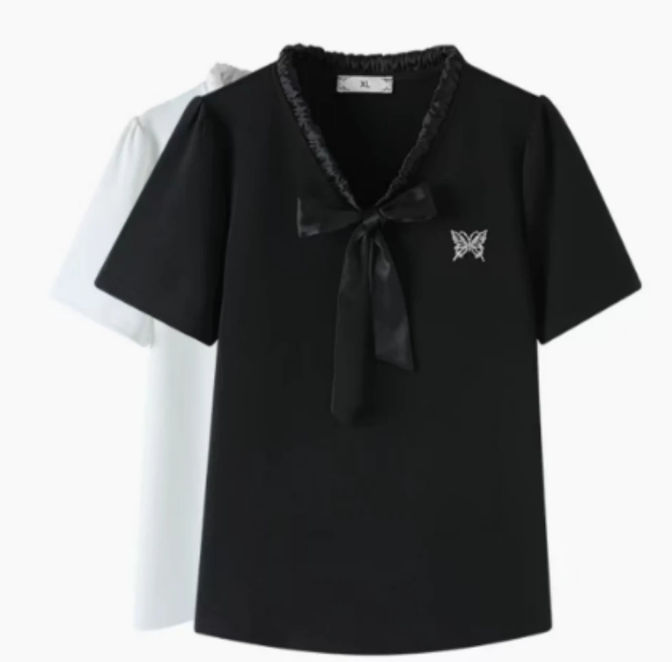 2332（16）大码女装微胖时尚气质显瘦抽绳V领百搭短袖上衣