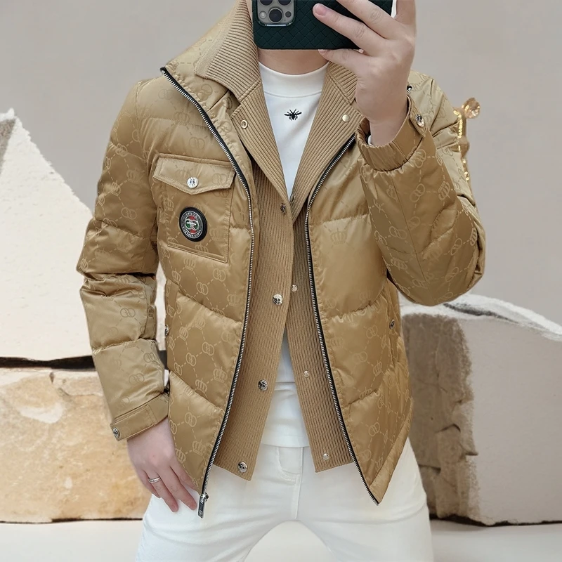 诺顿雷斯男加厚羽绒服冬季新款潮牌假两件针织领高蓬松白鸭绒外套