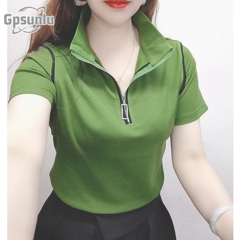 gpsunlu恤女新款夏季休闲小众拉链韩版时尚百搭显瘦春秋长袖t恤
