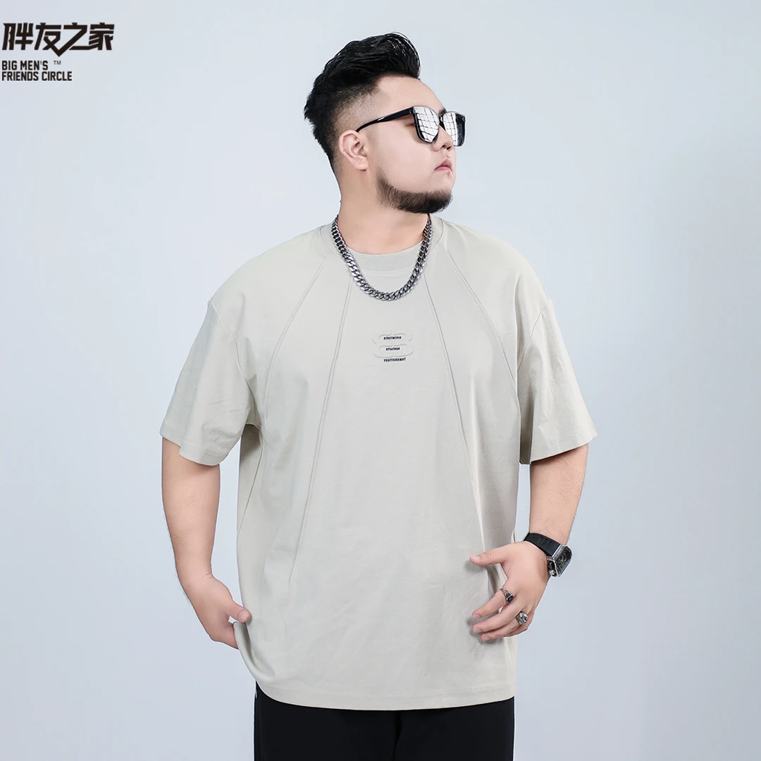 立体钢印圆领压褶T恤时尚短袖男士大码休闲宽松印花上衣PC520806